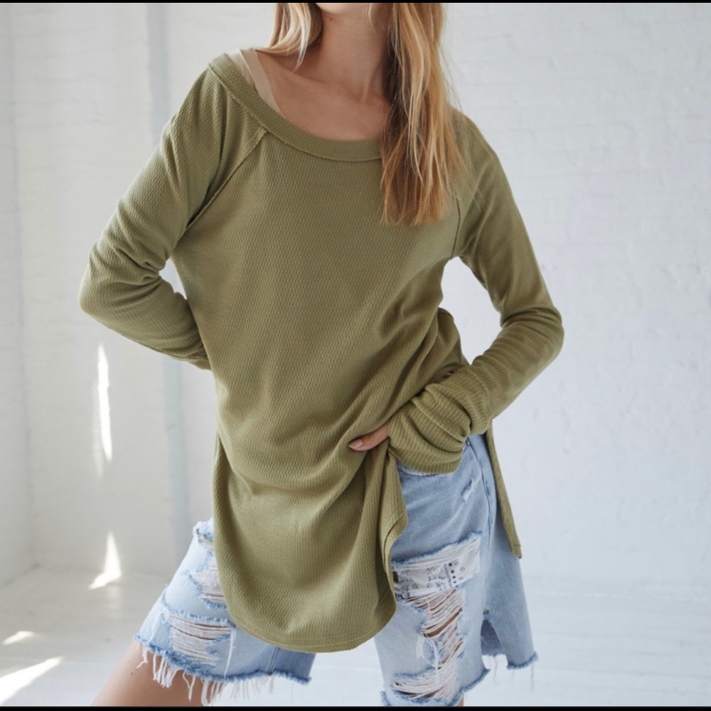 #577 NWT Free People Snowy Thermal Long Sleeve Top - Moss Green - Size Small